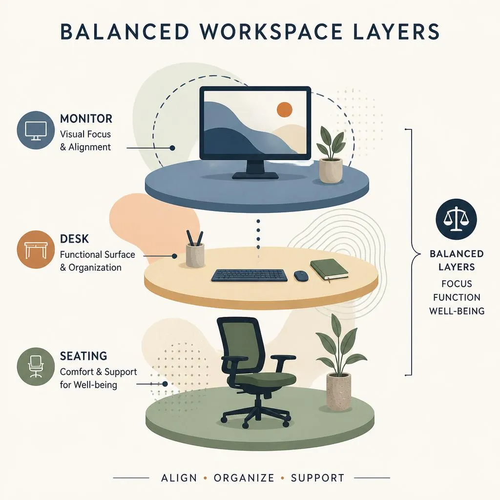 Abstract diagram showing balanced workspace layers with monitor, desk, and seating elements